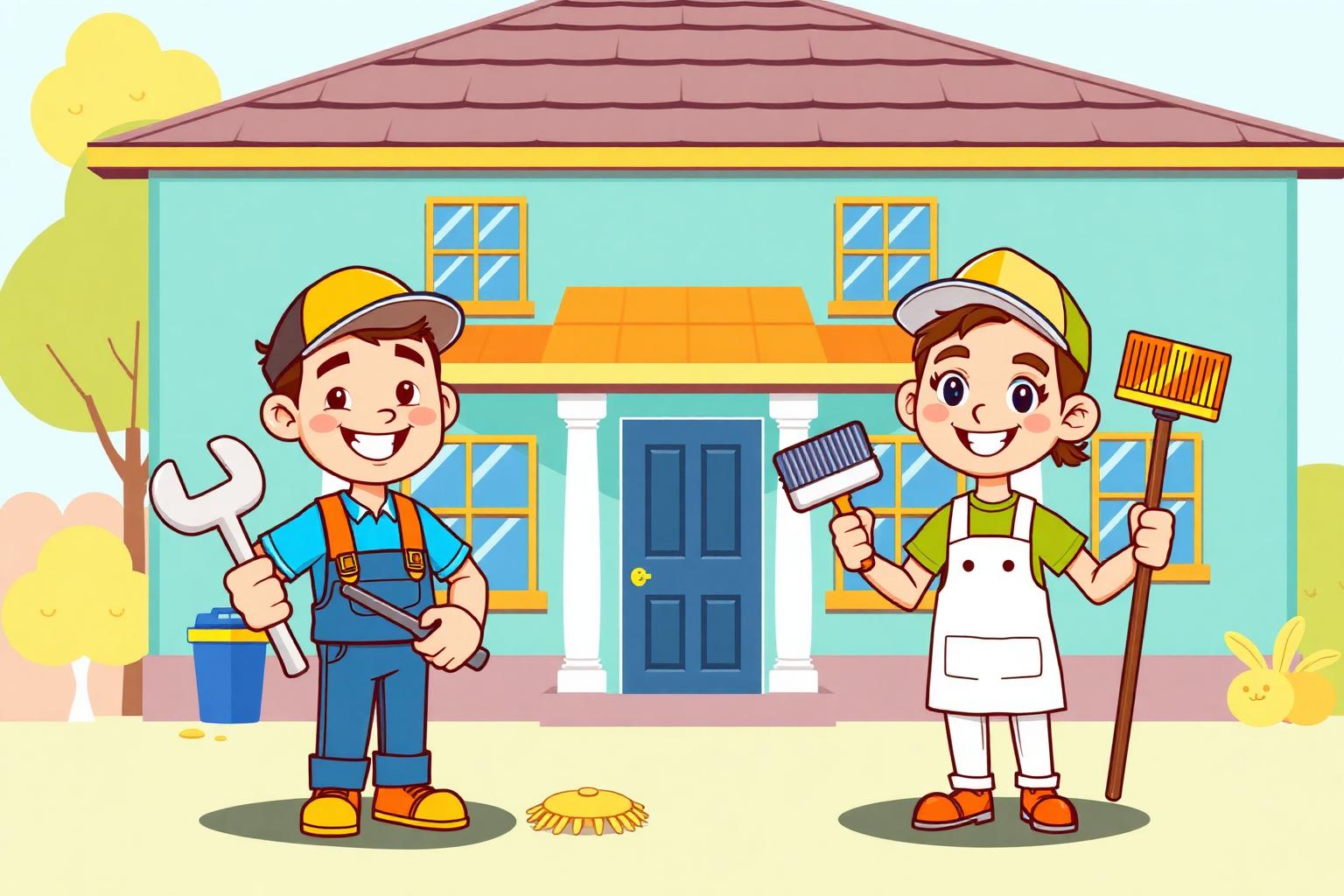 Friendly home services pros in front of a house